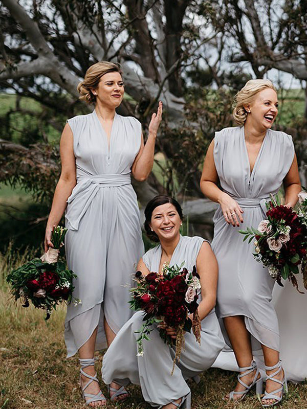 Light Grey Chiffon Cap Sleeve High Low Ankle Length Bridesmaid Dresses DaintyBridal Light Grey Chiffon Cap Sleeve High Low Ankle Length Bridesmaid Dresses DaintyBridal
