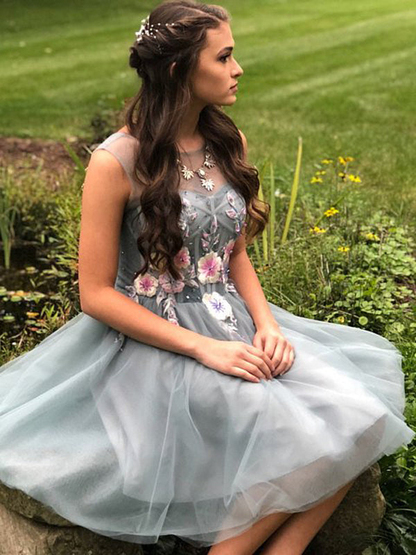 Light Grey Tulle Appliuqe Lace Up Back Illusion Neckline Homecoming Dr DaintyBridal Light Grey Tulle Appliuqe Lace Up Back Illusion Neckline Homecoming Dr DaintyBridal