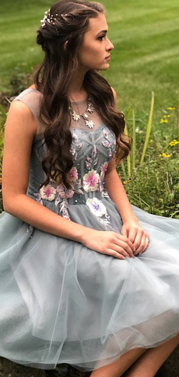 Light Grey Tulle Appliuqe Lace Up Back Illusion Neckline Homecoming Dr DaintyBridal Light Grey Tulle Appliuqe Lace Up Back Illusion Neckline Homecoming Dr DaintyBridal