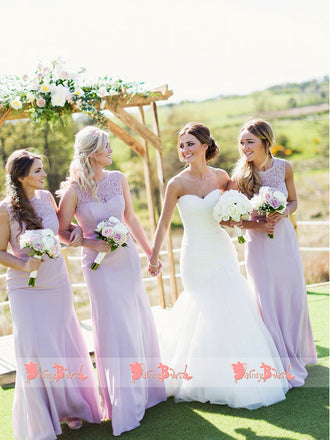 Lilac Lace Mermaid Sleeveless Elegant Long Bridesmaid Dresses,DB114