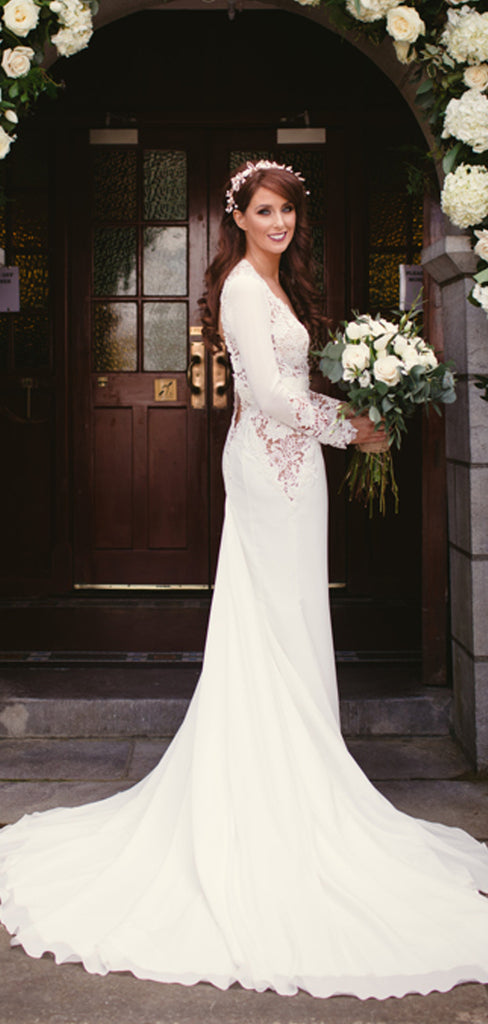 Long Sleeve See Through Lace Open Back Mermaid With Train Wedding Dresses,DB0162