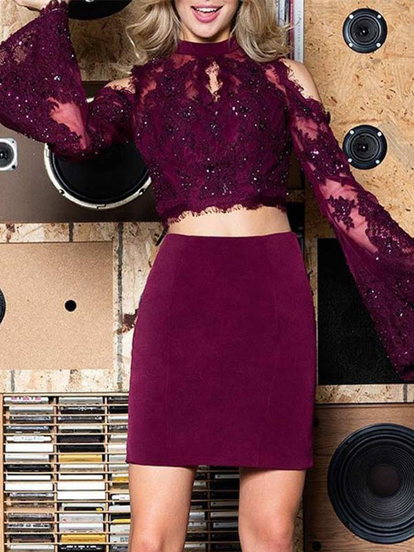 Maroon Two Piece Lace Beading Sheath Long Sleeve Homecoming Dresses,BD0197