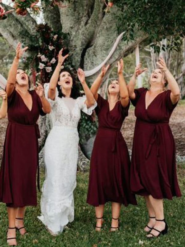 Maroon V-neck Half Sleeve Knee Length Bridesmaid Dresses,DB134 DaintyBridal Maroon V-neck Half Sleeve Knee Length Bridesmaid Dresses,DB134 DaintyBridal