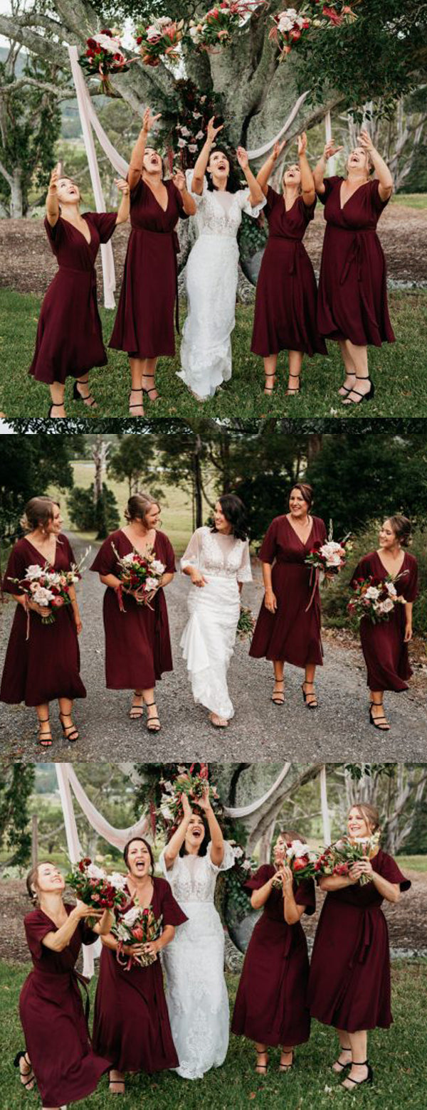 Maroon V-neck Half Sleeve Knee Length Bridesmaid Dresses,DB134 DaintyBridal Maroon V-neck Half Sleeve Knee Length Bridesmaid Dresses,DB134 DaintyBridal
