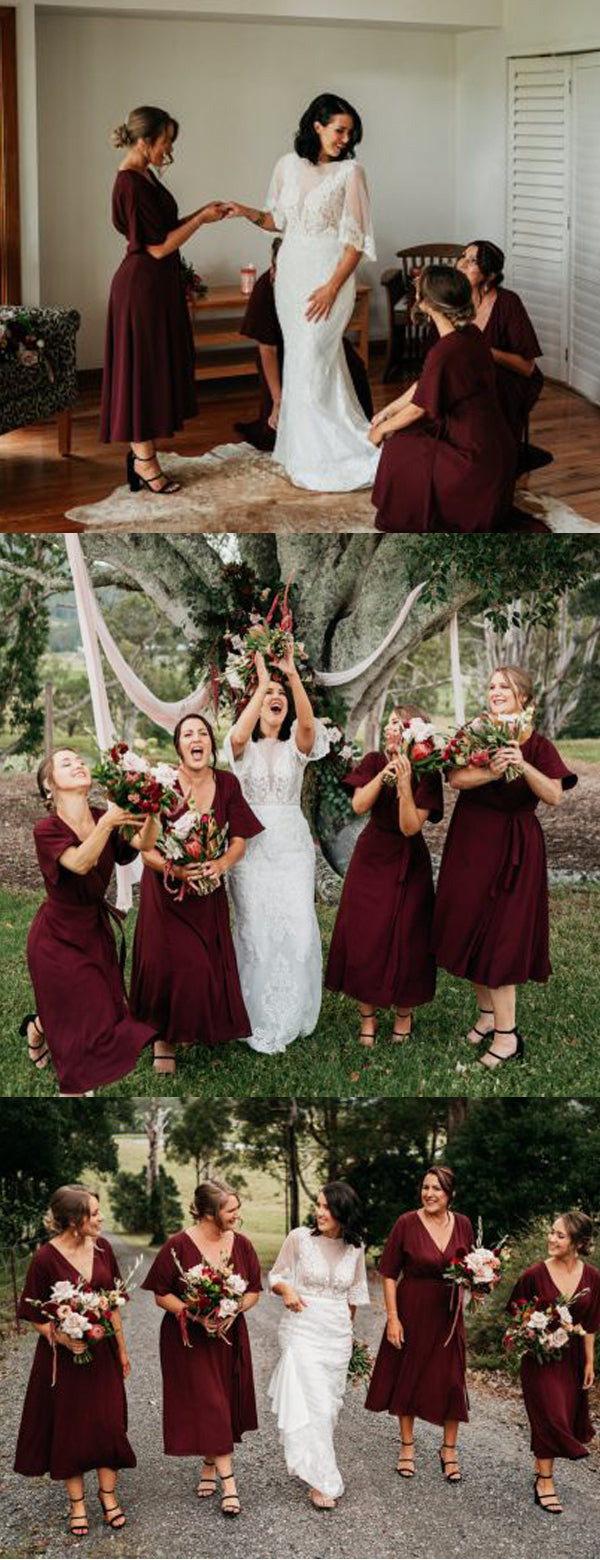 Maroon V-neck Half Sleeve Knee Length Bridesmaid Dresses,DB134 DaintyBridal Maroon V-neck Half Sleeve Knee Length Bridesmaid Dresses,DB134 DaintyBridal