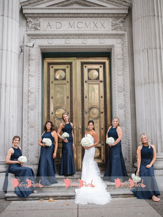 Navy Blue Satin Sleeveless Jewel Neck Mermaid Bridesmaid Dresses,DB116