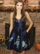 Navy Blue Strapless Floral Appliques Satin Homecoming Dresses ,BD0181