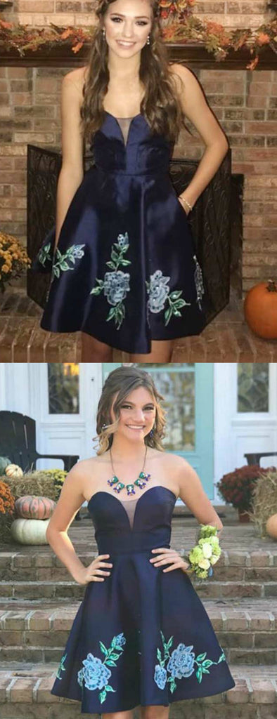Navy Blue Strapless Floral Appliques Satin Homecoming Dresses ,BD0181