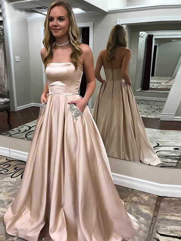 Nude Satin Beaded Pockets Strapless Ball Gown Sweet-16 Prom Dresses, D DaintyBridal Nude Satin Beaded Pockets Strapless Ball Gown Sweet-16 Prom Dresses, D DaintyBridal