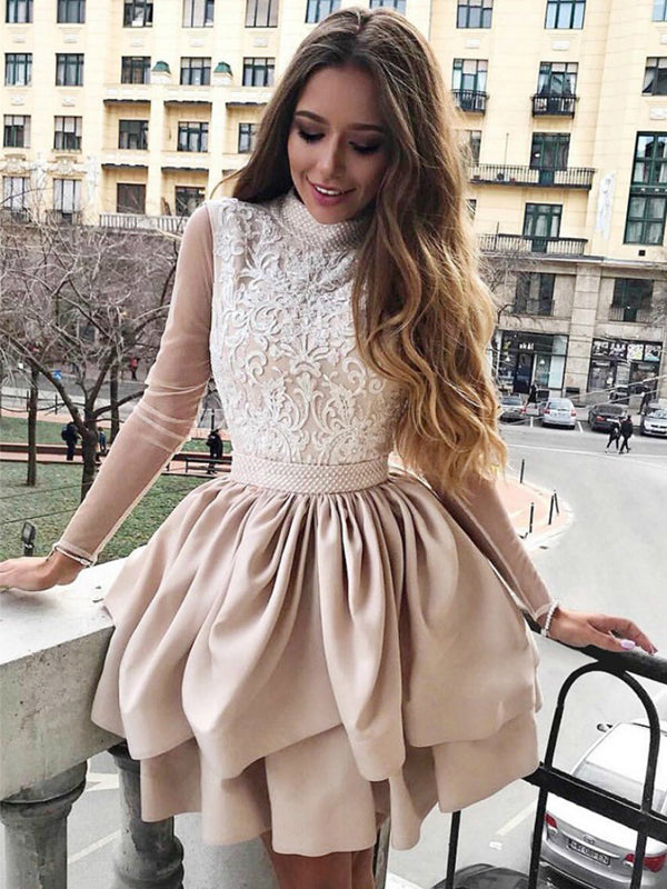 Nude Satin Lace Long Sleeve High Neck Tiered Petal Homecoming Dresses DaintyBridal Nude Satin Lace Long Sleeve High Neck Tiered Petal Homecoming Dresses DaintyBridal