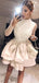 Nude Satin Lace Long Sleeve High Neck Tiered Petal Homecoming Dresses ,BD0179