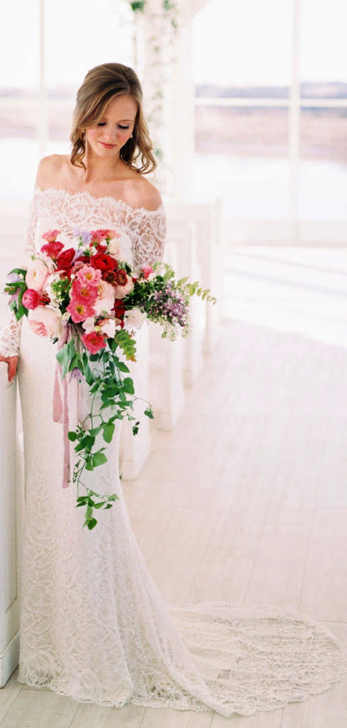 Off Shoulder Long Sleeve Lace Charming Wedding Dresses,DB0168