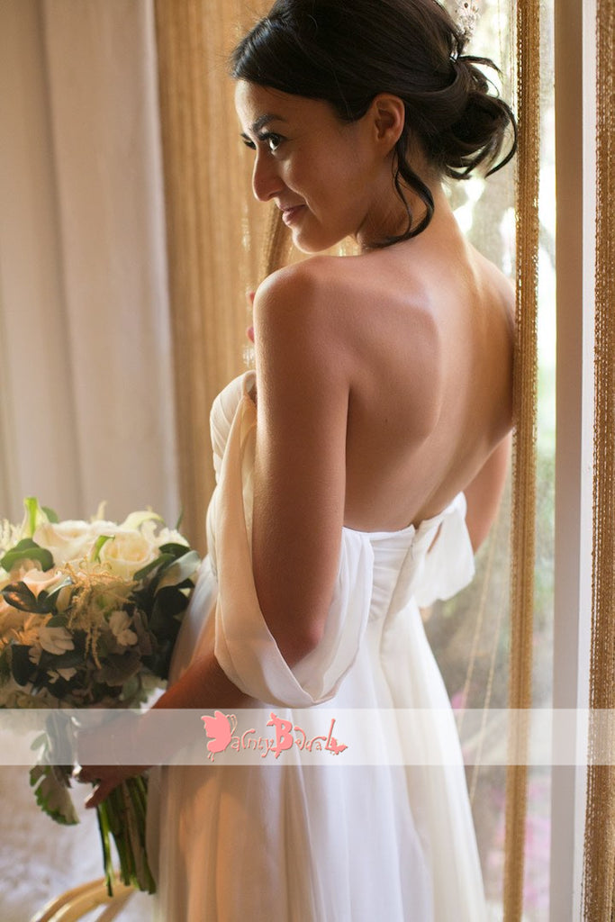 Off Shoulder Simple Chiffon Long A-line Beach Wedding Dresses,DB0146