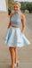 Pale Blue Beading Top Two Piece High Neck Open Back Homecoming Dresses,BD0187