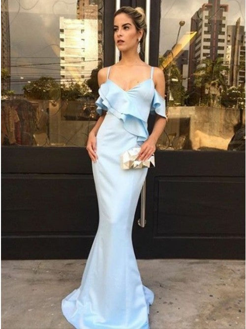 Pale Blue Elastic Satin Mermaid Elegant Prom Dresses, DB1083