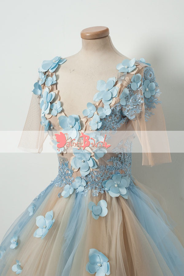 Pale Blue Lace With Handmade Flowers Half Sleeves V-neck Sweet Homecoming Dresses,BD0154