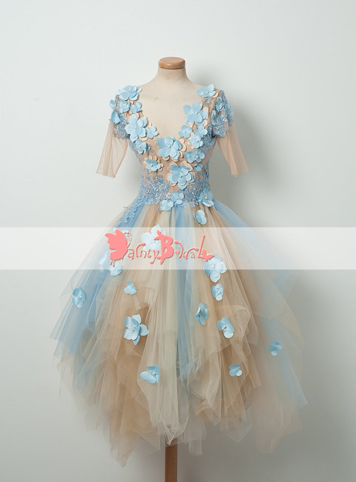 Pale Blue Lace With Handmade Flowers Half Sleeves V-neck Sweet Homecoming Dresses,BD0154