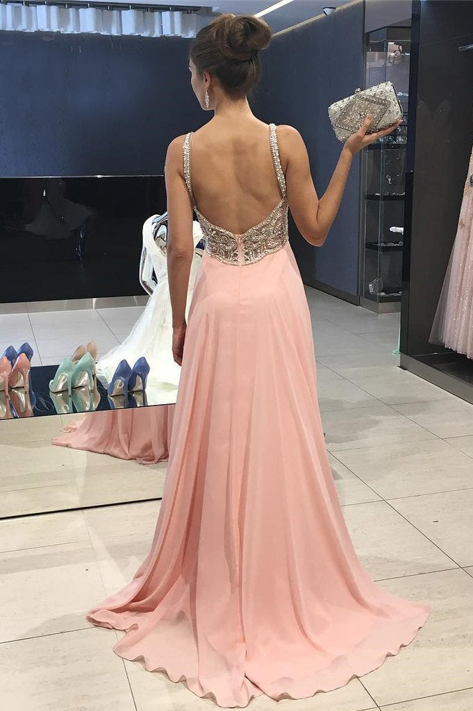 Peach Chiffon Beading Backless A-line Prom Dresses , DB1081