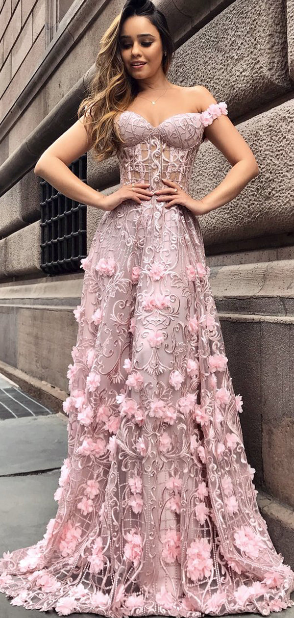 Pink Lace Applique Off Shoulder Illusion Prom Dresses, DB1101 DaintyBridal Pink Lace Applique Off Shoulder Illusion Prom Dresses, DB1101 DaintyBridal