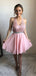 Pink Lace Chiffon V-neck Open Back Homecoming Dresses ,BD0175
