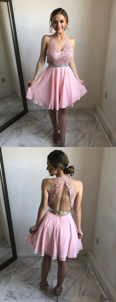 Pink Lace Chiffon V-neck Open Back Homecoming Dresses ,BD0175