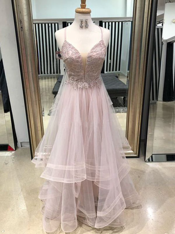 Pink Lace Tulle Spaghetti Straps Lace Up Back Prom Dresses, DB1086