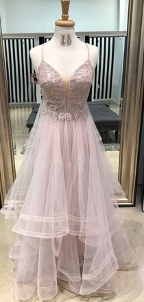 Pink Lace Tulle Spaghetti Straps Lace Up Back Prom Dresses, DB1086