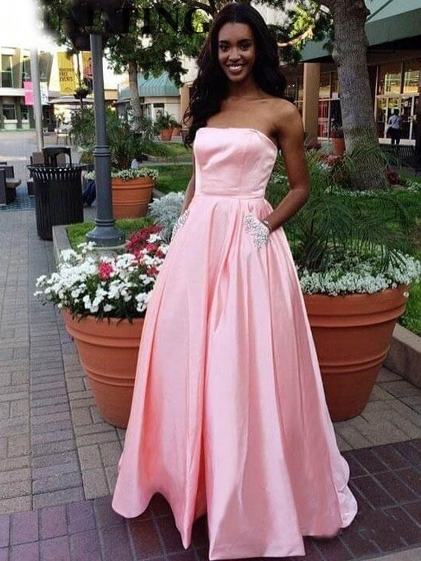 Pink Satin Beaded Pockets Strapless Ball Gown Sweet-16 Prom Dresses, D DaintyBridal Pink Satin Beaded Pockets Strapless Ball Gown Sweet-16 Prom Dresses, D DaintyBridal