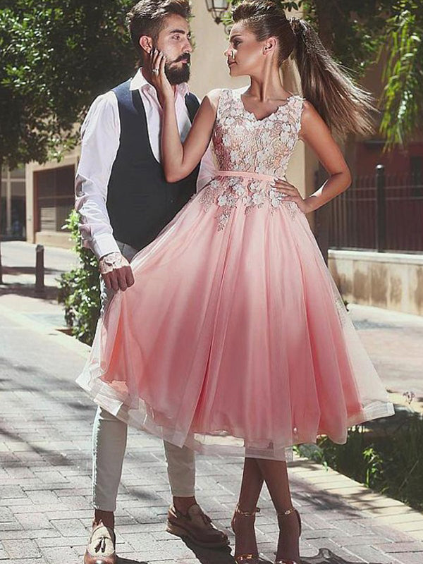 Pink Tulle Lace Apllique Sleeveless V-neck Homecoming Dresses,BD0200
