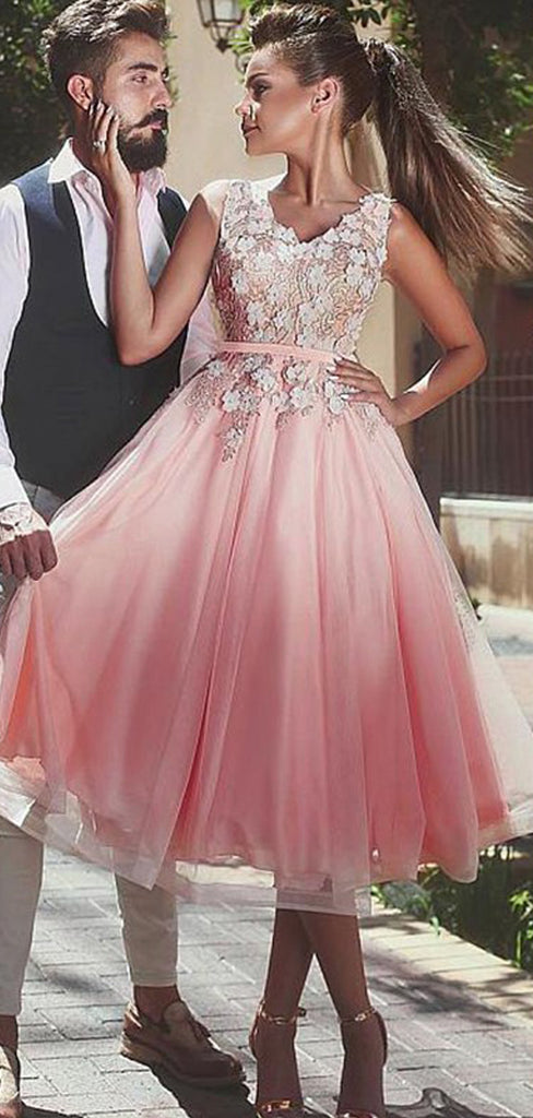 Pink Tulle Lace Apllique Sleeveless V-neck Homecoming Dresses,BD0200