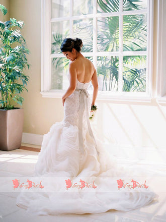 Popular Lace Ruffles Organza Mermaid Scoop Back Strapless Wedding Dresses,DB0143