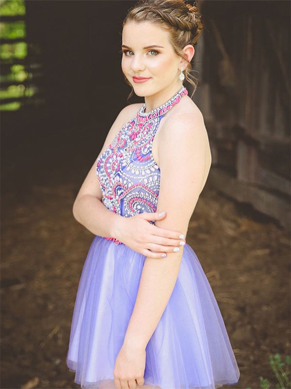 Purple Tulle Colorful Rhinestone Beading Halter Homecoming Dresses