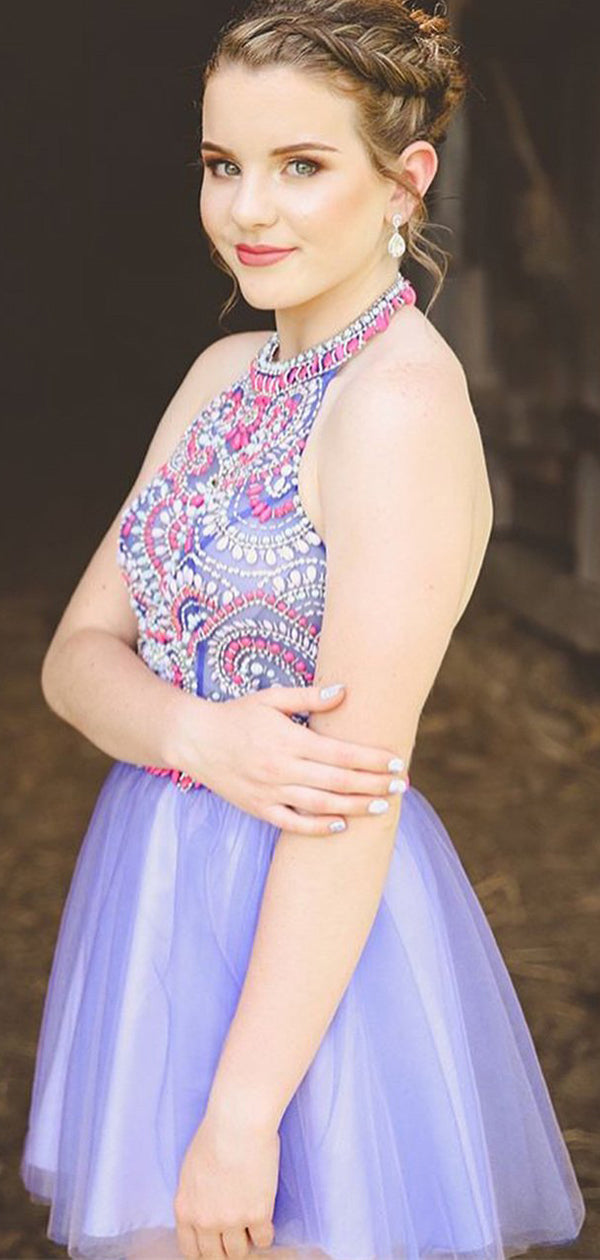 Purple Tulle Colorful Rhinestone Beading Halter Homecoming Dresses,BD0 DaintyBridal Purple Tulle Colorful Rhinestone Beading Halter Homecoming Dresses,BD0 DaintyBridal