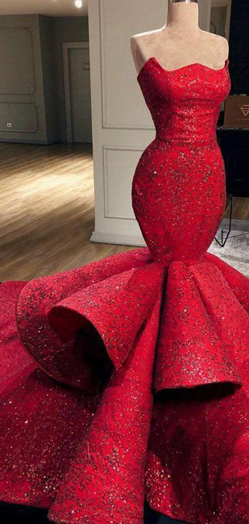 Red Beading Satin Tiered Mermaid Strapless Prom Dresses, DB1090