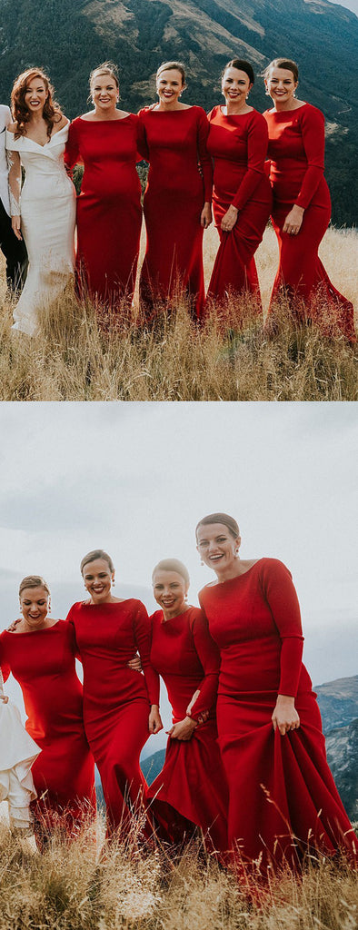 Red Jersey Long Sleeve Sheath Cheap Long Bridesmaid Dresses,DB129