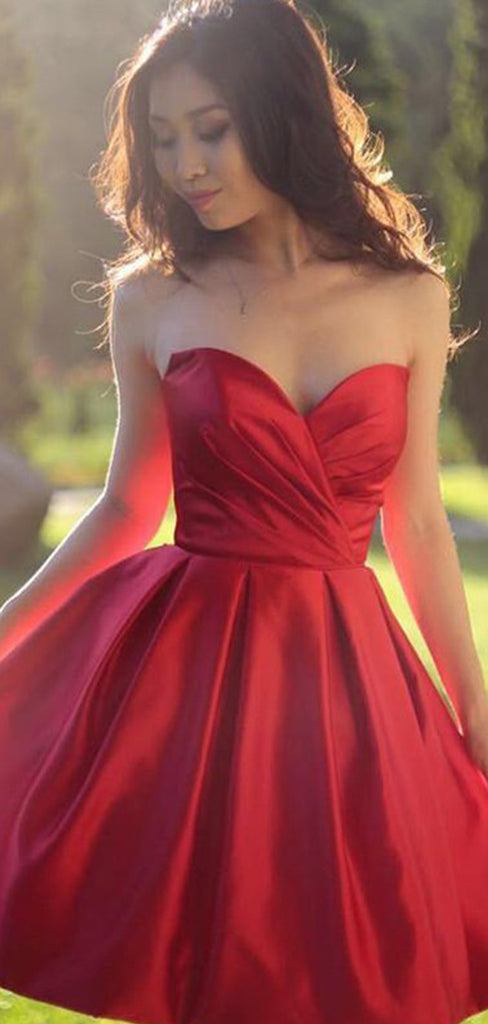 Red Satin Strapless Simple Cheap Homecoming Dresses ,BD0204