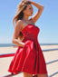 Red Soft Satin Sweetheart Strapless With Bow Applique Pockets Homecoming Dresses,BD0207