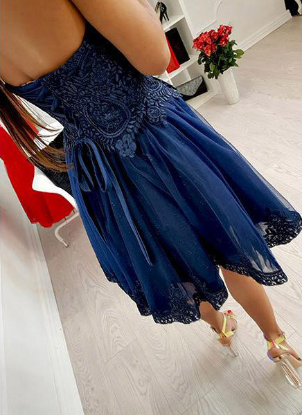Royal Blue Lace Tulle Sweetheart Strapless Homecoming Dresses,BD0167