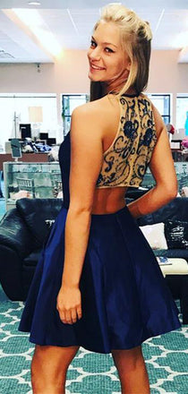 Royal Blue Satin Beading See Through Back Short Homecoming Dresses,BD0184