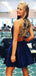 Royal Blue Satin Beading See Through Back Short Homecoming Dresses,BD0184