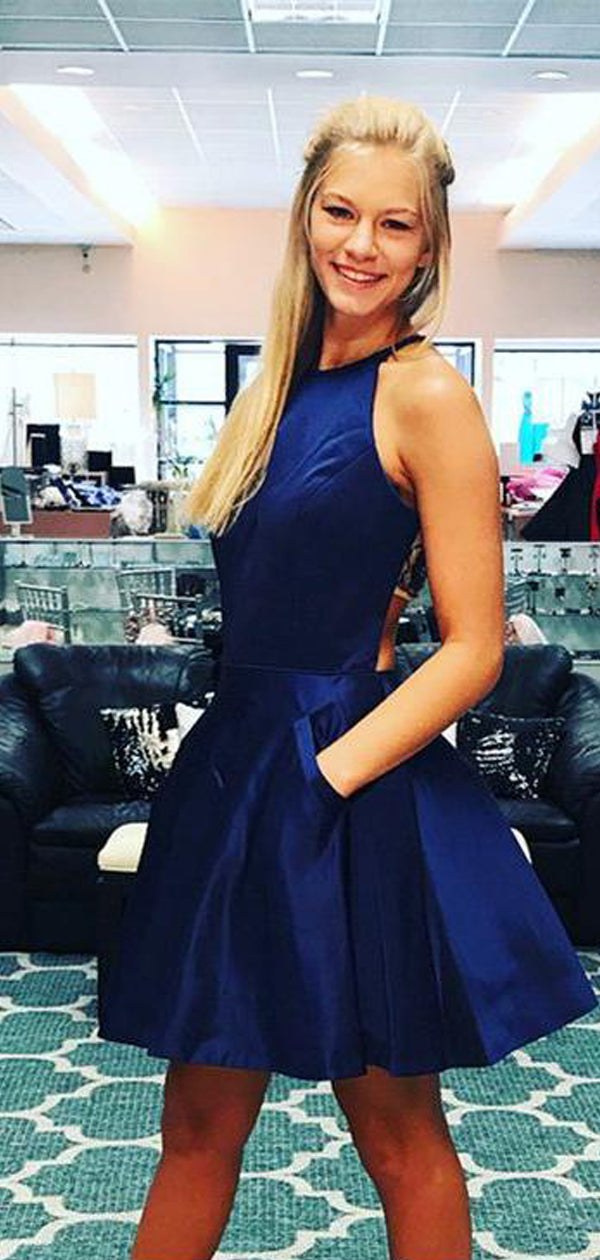 Royal Blue Satin Beading See Through Back Short Homecoming Dresses,BD0 DaintyBridal Royal Blue Satin Beading See Through Back Short Homecoming Dresses,BD0 DaintyBridal