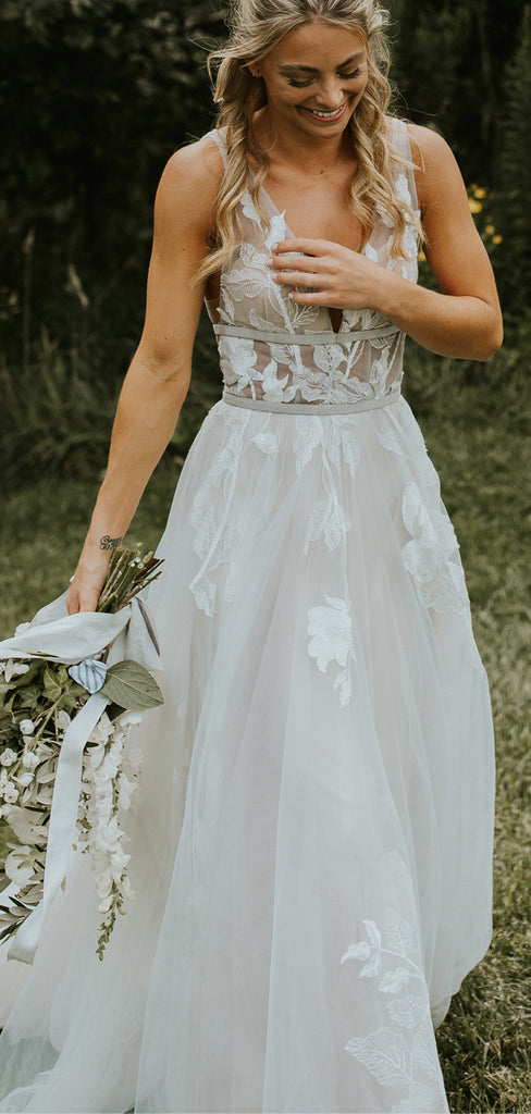See Through Lace Ivory Tulle V-neck V-back Beach Wedding Dresses,DB016 ...