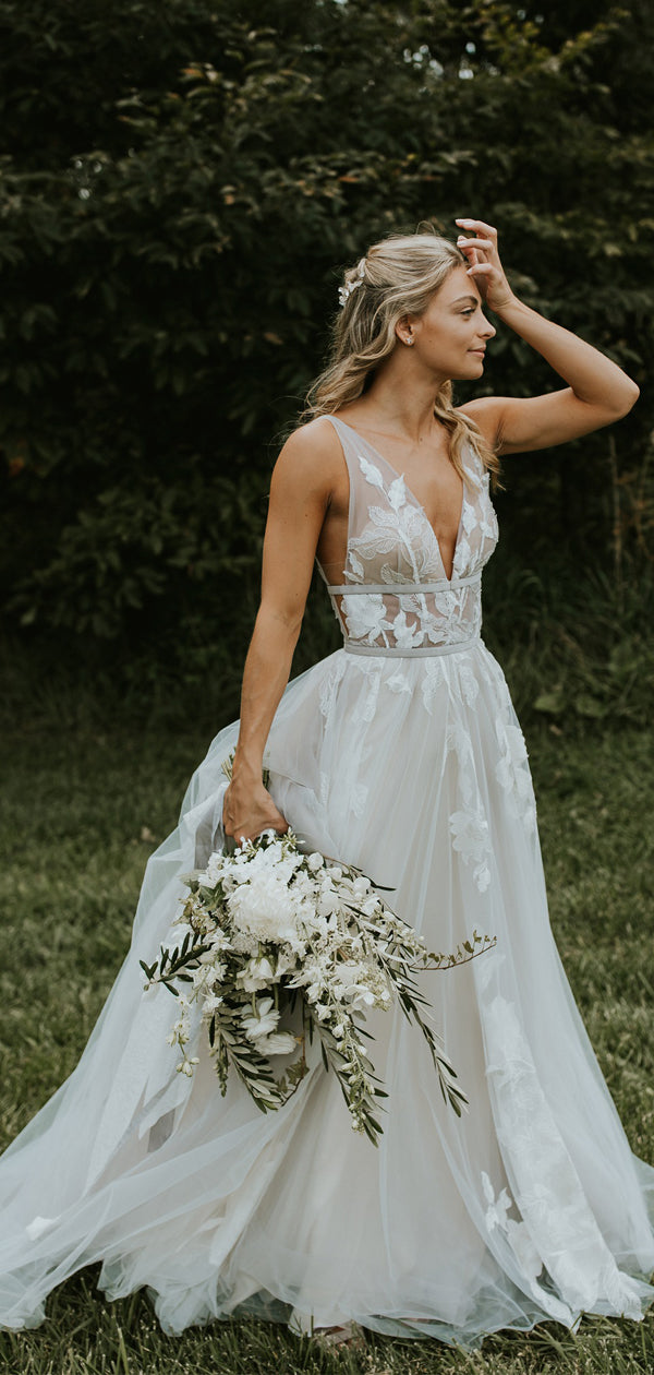 See Through Lace Ivory Tulle V-neck V-back Beach Wedding Dresses,DB016 DaintyBridal See Through Lace Ivory Tulle V-neck V-back Beach Wedding Dresses,DB016 DaintyBridal