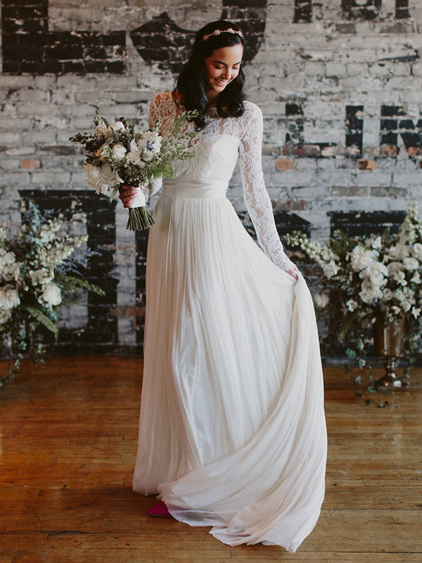See Through Lace Long Sleeve Ivory Chiffon Beach Wedding Dresses,DB018 – DaintyBridal See Through Lace Long Sleeve Ivory Chiffon Beach Wedding Dresses,DB018 – DaintyBridal