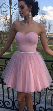 Simple Dusty Pink Tulle Sweetheart Strapless With Beaded Sash Homecoming Dresses,BD0209