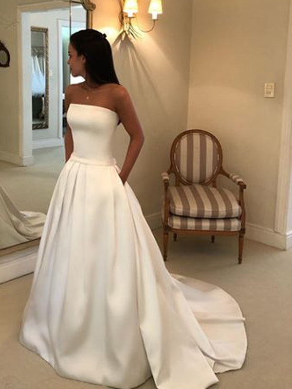 Simple Ivory Satin Strapless With Pockets Ball Gown Wedding Dresses,DB DaintyBridal Simple Ivory Satin Strapless With Pockets Ball Gown Wedding Dresses,DB DaintyBridal