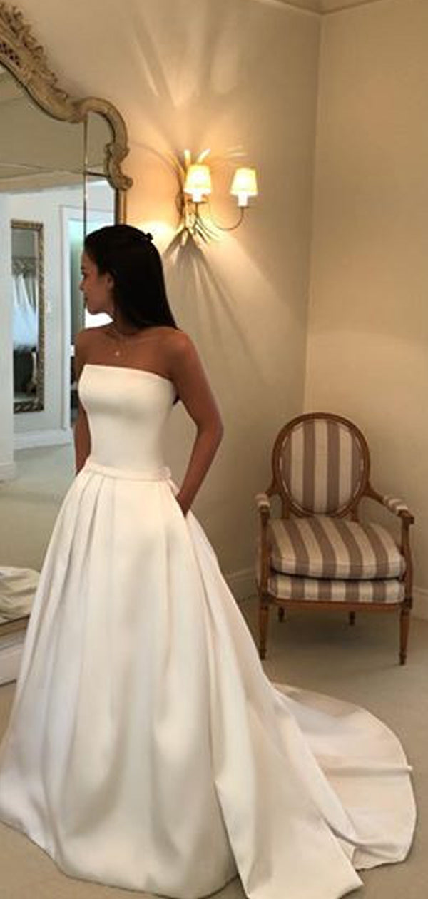 Simple Ivory Satin Strapless With Pockets Ball Gown Wedding Dresses,DB DaintyBridal Simple Ivory Satin Strapless With Pockets Ball Gown Wedding Dresses,DB DaintyBridal
