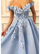 Sky Blue Off the Shoulder Flower Appliques Long Beautiful Prom Dress, OL653