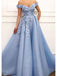 Sky Blue Off the Shoulder Flower Appliques Long Beautiful Prom Dress, OL653