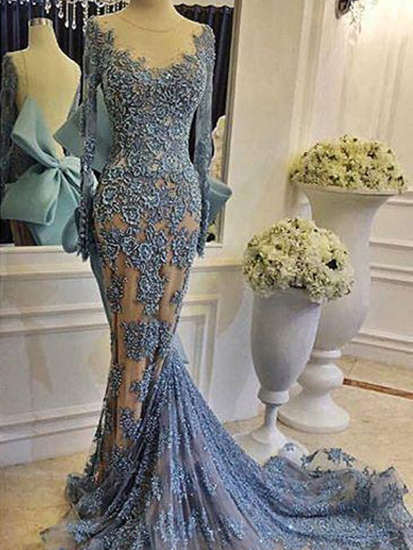 Sky Blue Lace Long Sleeve Mermaid Bowknot Prom Dresses, DB1094 DaintyBridal Sky Blue Lace Long Sleeve Mermaid Bowknot Prom Dresses, DB1094 DaintyBridal